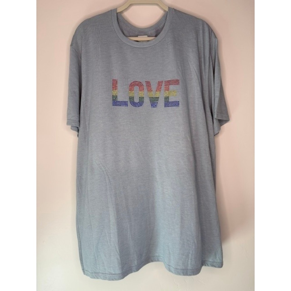 Love‎ Rainbow Rhinestone Graphic Tee Light Blue Short Sleeve T-Shirt 3X